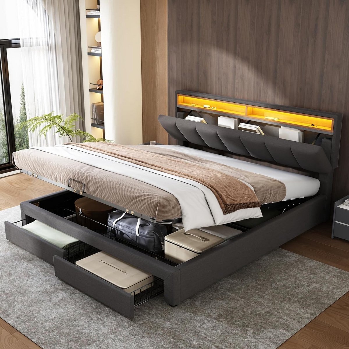 Tweepersoons Bed 180x200 met Opbergruimte, Hydraulisch Hefsysteem en LED Hoofdeinde