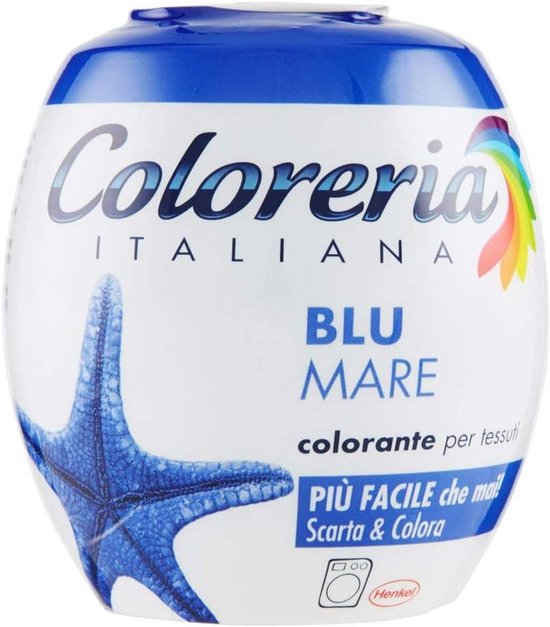 Verpakking textielverf 'Blu Mare' met zeester illustratie en de tekst 'Più Facile che mai!'.