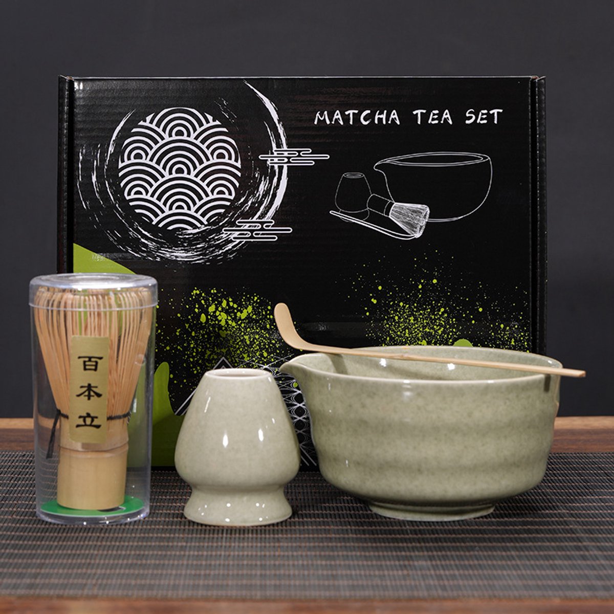 4-delige Matcha Theeset – Matcha Bezem (Chasen), Kom En Lepel, Accessoires Voor Theeceremonies – Geschenk Voor Thuis En Kantoor, Groen
