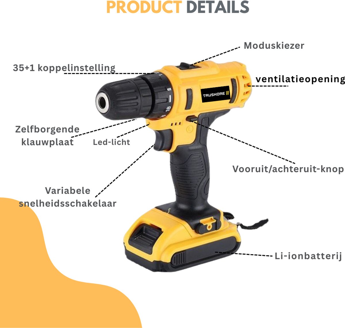 Truskore Draadloze Accuboormachine – Compacte Elektrische Boor & Schroevendraaier – Inclusief 2 Oplaadbare Batterijen – Ideaal voor Klusjes in en om het Huis – Boormachine - Boorhamer - Met Gereedschapsset – Geel – foto 6