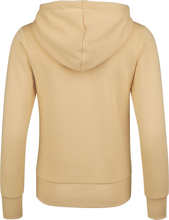 Achterkant van een beige trui met capuchon.
