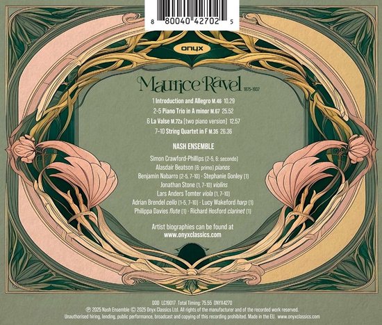 Achterkant van een albumhoes met decoratief art nouveau frame. Tracklist en artiesten vermeld. Barcode bovenin.
