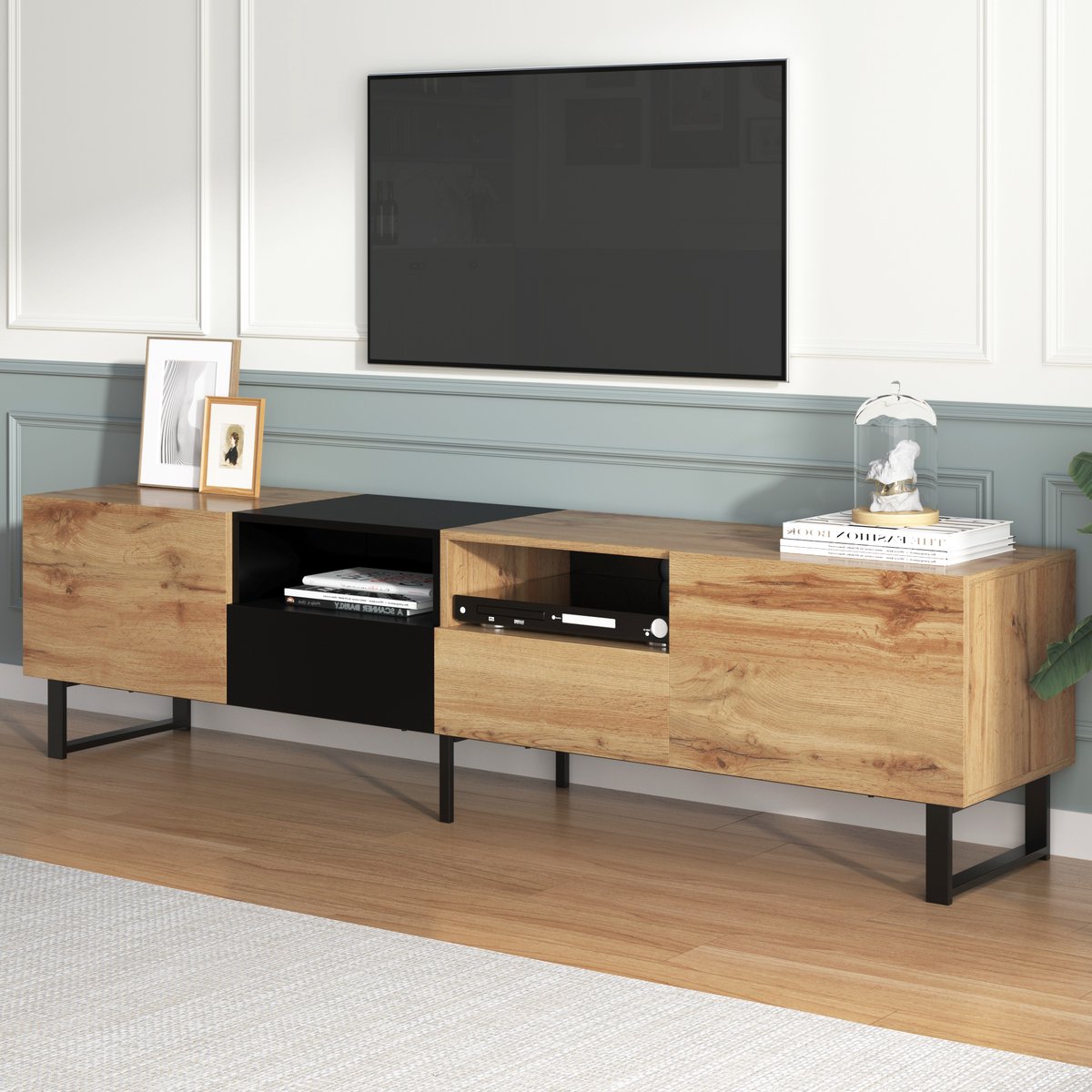 REDOM TV-meubel 190x38x48 cm van MDF, zwart en naturel hout, met deuren en lades en veel opbergruimte Natuurlijk