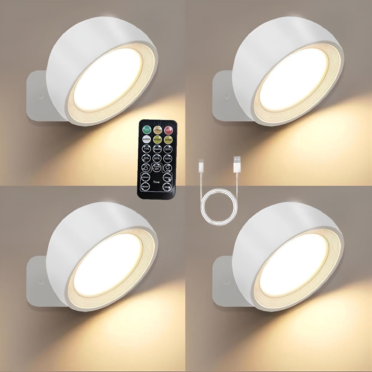 Draaibare LED Wandlampen (4 stuks) op Batterijen met Touch Bediening - Ideaal als Kinderkamer- of Leeslamp