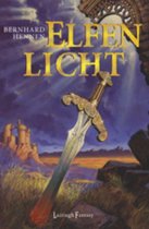 Boekcover met gouden letters "Elfenlicht" en de naam Bernhard Hennen. Een zwaard rust op stenen voor een ruïne, bij zonsondergang.