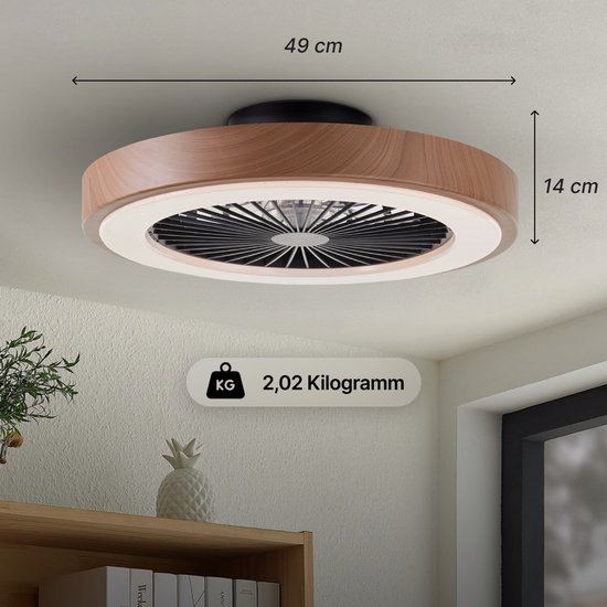 Plafondventilator met houten rand, witte ring en zwarte bladen, 49cm breed, 14cm hoog.
