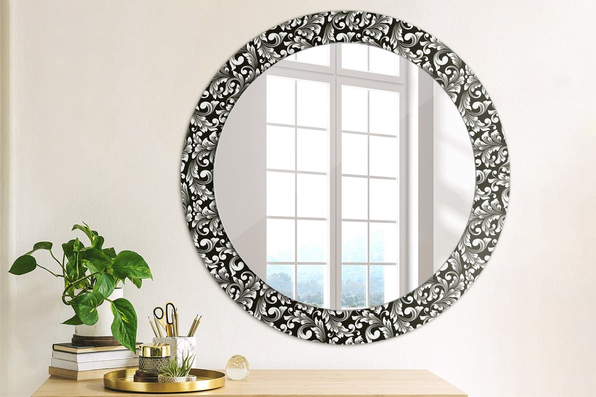 Coloray Bedrukte Spiegel - Ornament Bedrukte Spiegel - 70 cm - Zwart en wit Bedrukte Spiegel - Bedrukte Spiegel - Spiegel Met Bedrukte Lijst - Spiegel Met Decoratie Zwart en wit Ornament