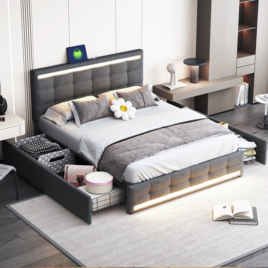 Wishdor – Gestoffeerd bed 140x200 cm – 4 opberglades – LED met muziek – 2x USB – Grijs linnen