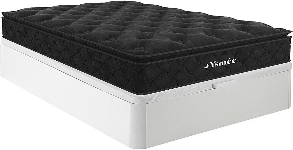 Vente-unique Set 140 x 190 cm bedbodem met opbergruimte, wit + matras met pocketveren met ingebouwd dekmatras van 28 cm dik - BLACK DREAM van YSMÉE