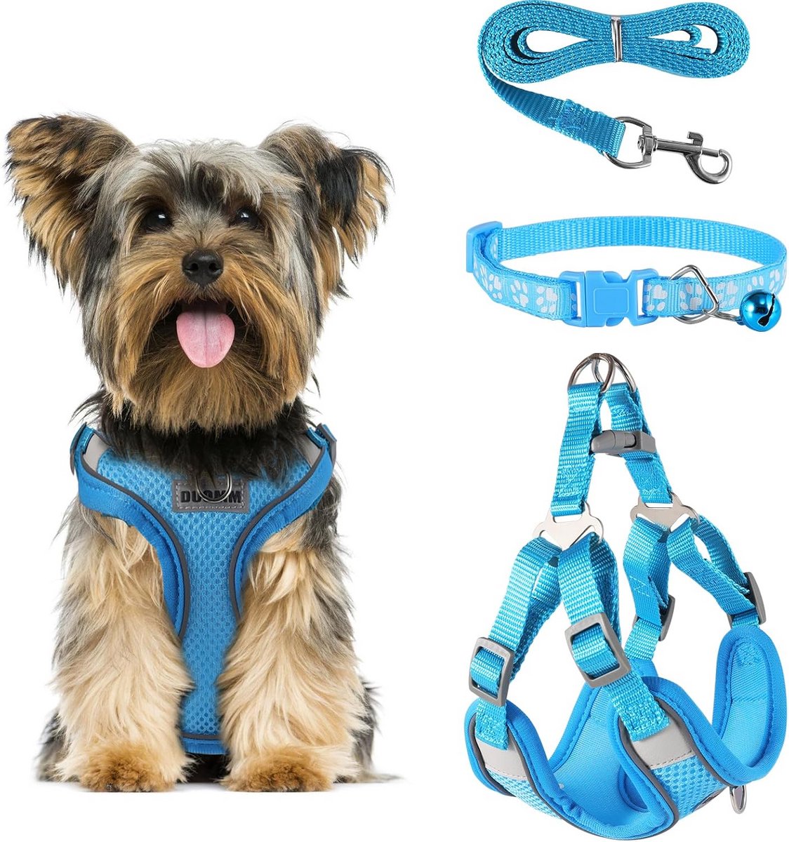 Veilig Tuigje voor Hond en Puppy met Lijn - Reflecterend Anti-Trek Borsttuigje voor Kleine Honden en Katten - Blauw, Maat S
