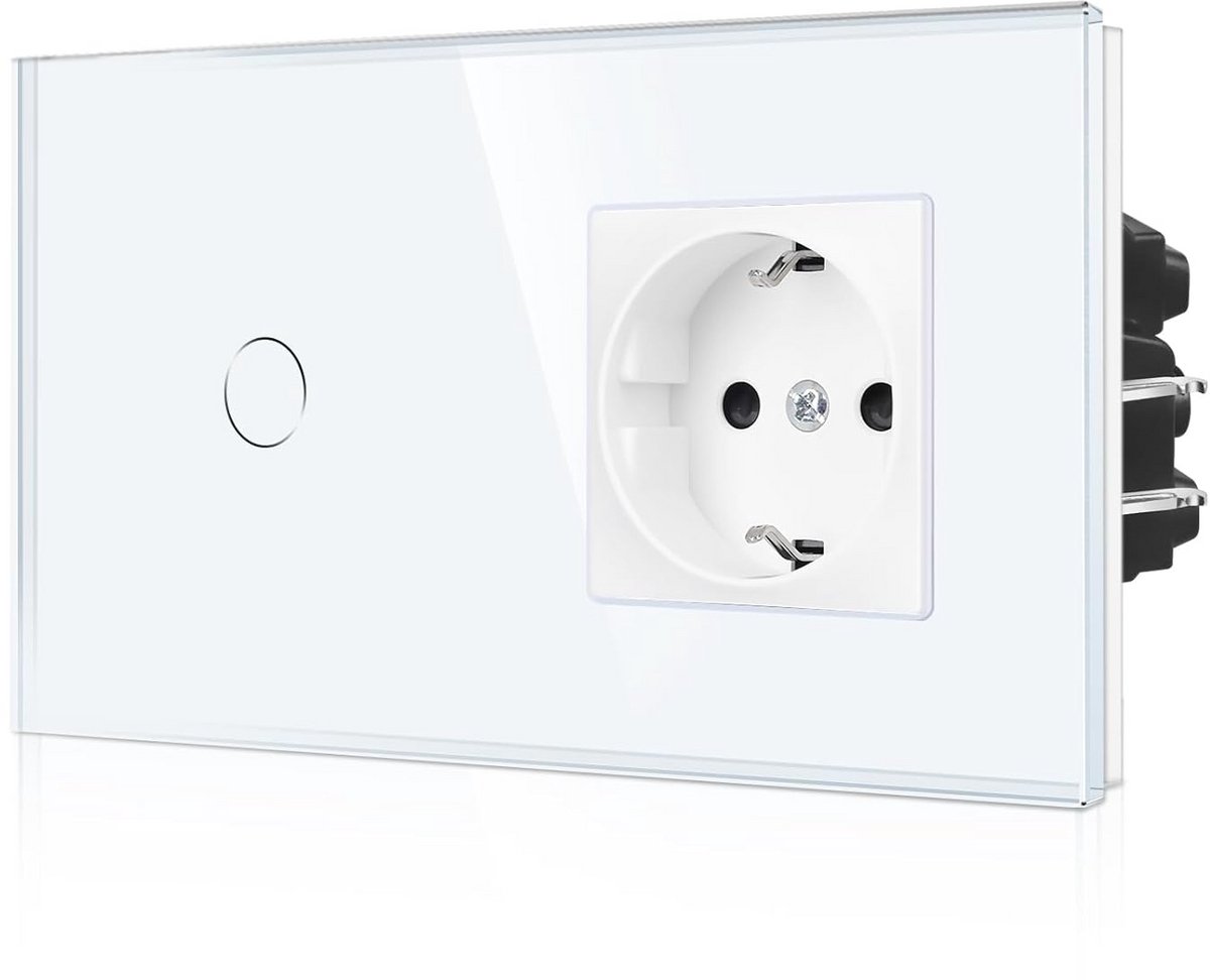 Inbouw Touch Lichtschakelaar en Schuko Stopcontact met Klauwen, Wit Glazen Paneel