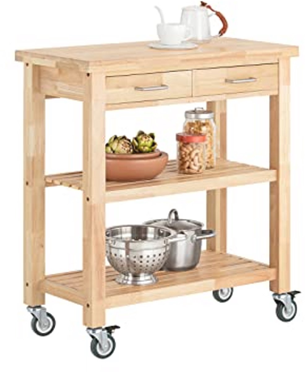Mobiele Keuken Trolley van Rubberhout met Twee Planken - L80xD40xH90cm