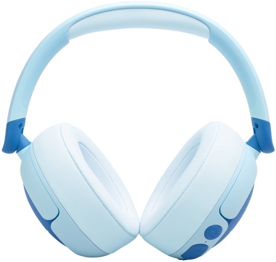Lichtblauwe JBL Junior 470NC koptelefoon met blauwe accenten, zachte oorkussens.