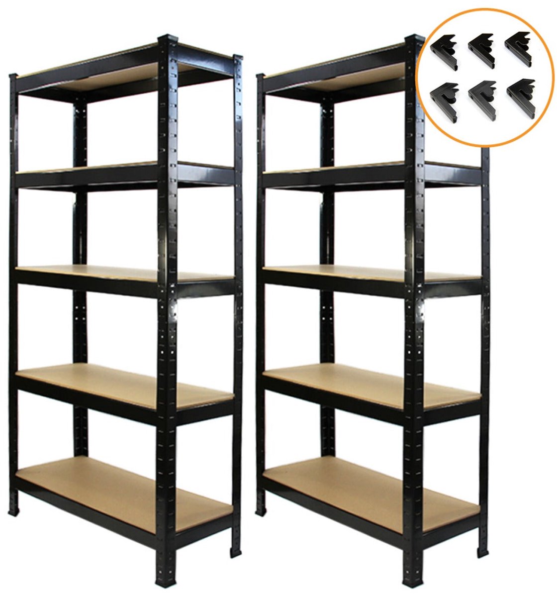 2x zwarte stalen stellingen, 5-laags, 150kg per plank, 75x150x30cm, boltloos