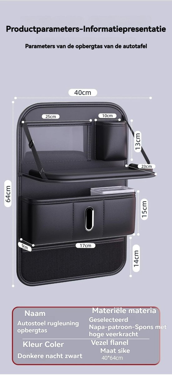 Premium PU Leren Autostoel Organizer- Auto Organizer met Tablet Houder - Auto Ipadhouder voor Kinderen - Auto Organizer met Uitklapbaar Tafel - Tray - Fleshouder - Tissuehouder - Car Organizer - Car seat organizer - Luxe Mat Zwart — afbeelding 2