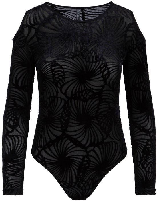 Body noir à manches longues, orné d'un motif floral en velours. Le body a un col rond et des épaules dénudées.