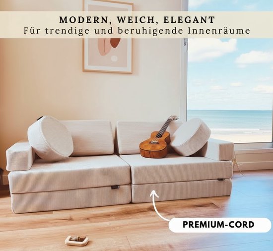 Speelbank voor Kinderen 5-in-1 – Opvouwbare Kinderbank, Slaapbank & Speelmatras – Zachte Corduroy Stoffering, Afneembare Hoezen, Geschikt voor Kinderen 1-12 Jaar – Crèmewit