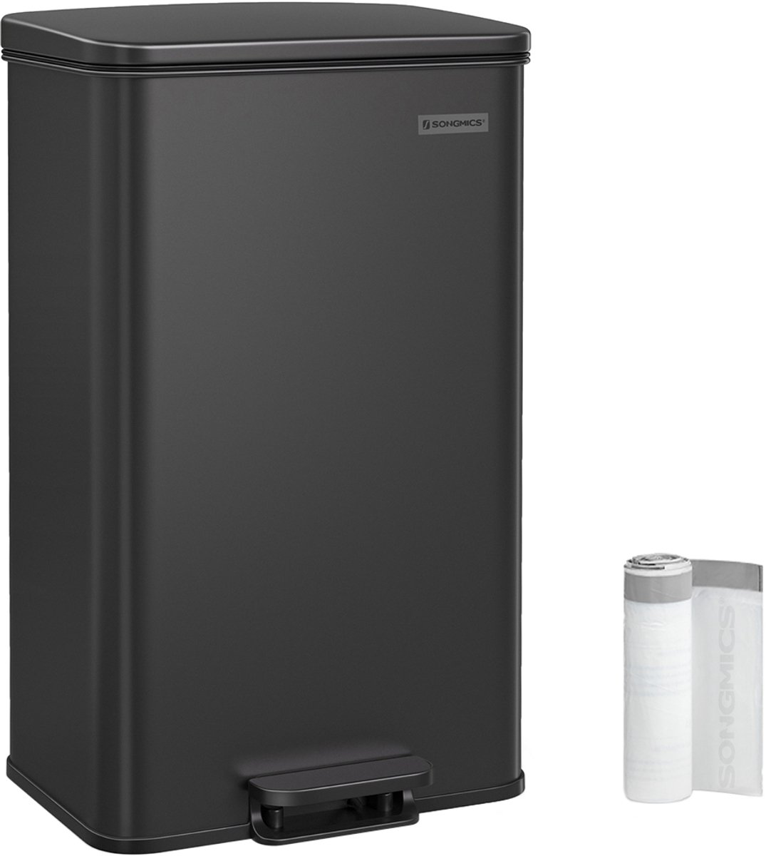 FurnStar – Keukenpedaalemmer 40L – Grote Afvalbak met Soft-Close Deksel – Staal – Inclusief 15 Vuilniszakken– 34,8 x 32,1 x 55,7 cm – Zwart