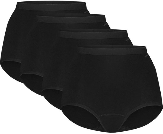 Vier zwarte high-waist slips op een rij.
