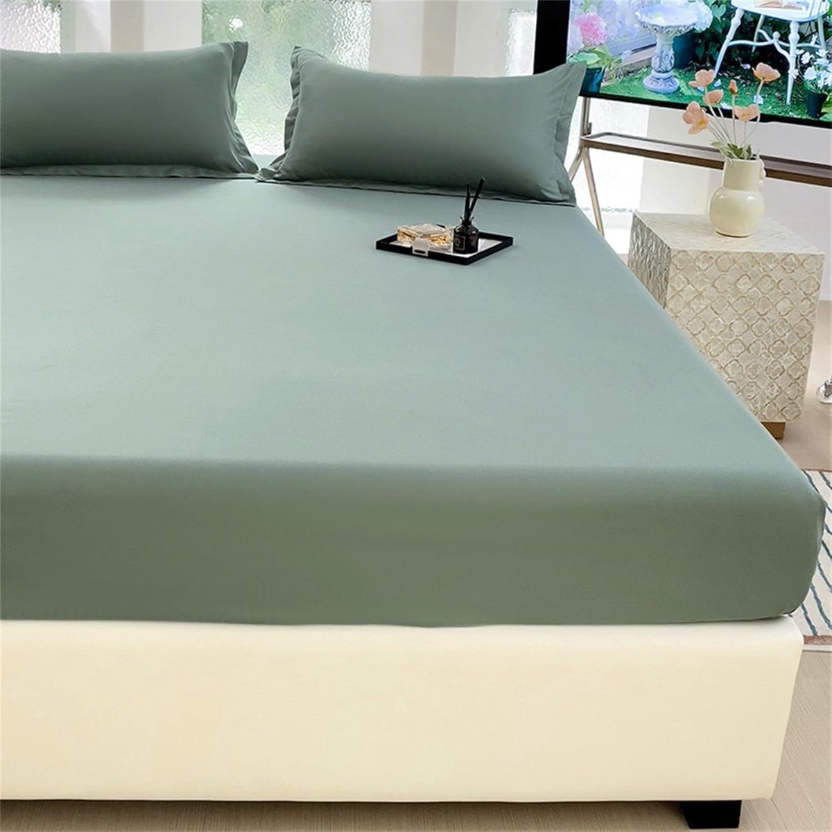 Unyqoos Elastisch microvezel hoeslaken 140x200 cm voor dikke matrassen tot 25 cm groen