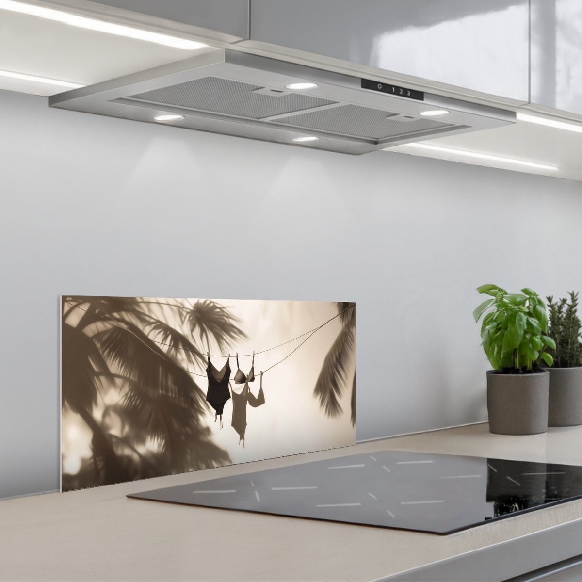 Spatscherm 70x30 cm - Zelfklevende achterwand Badkleding - Palmbomen - Schaduw - Tropisch - Keuken muurbeschermer - Spatwand fornuis