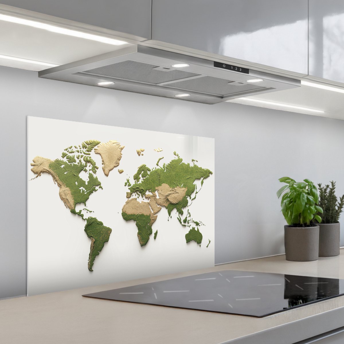Spatscherm 70x50 cm - Zelfklevende achterwand Wereldkaart - Reliëf - Aardekleruige tinten - Keuken muurbeschermer - Spatwand fornuis