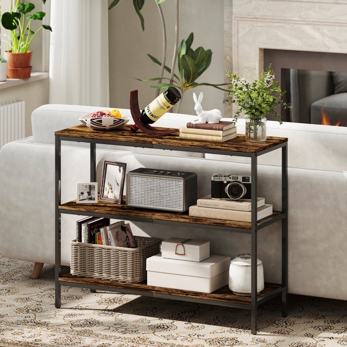 Wishdor Consoletafel industrieel 3-niveaus – rustiek bruin hout met zwart metalen frame, 101×35×80 cm