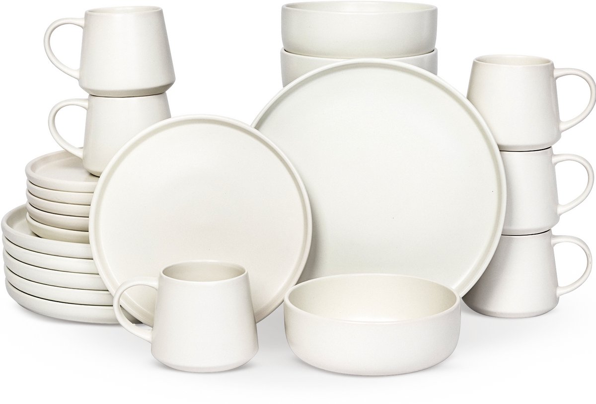 Deleca Serviesset 6 Persoons Kyoto - Koffiekopjes met oor / Schaaltjes / Grote Borden en Kleine Bordenset - Kerst 2025 - Japandi stijl - Massief Aardewerk - Mat Wit / 24-delig