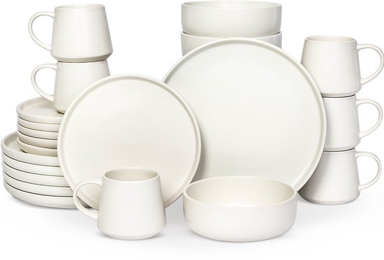 Service de table Deleca Kyoto pour 6 personnes - Tasses à café avec anse / Bols / Grandes Assiettes et petites assiettes - Noël 2025 - Style Japandi - Faïence Massief - Wit mat / 24 pièces