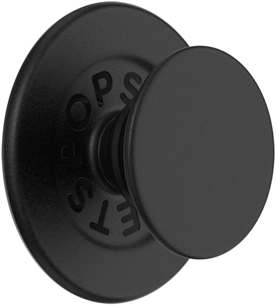 PopSockets PopGrip noir avec une base ronde et le texte POPSOCKETS.