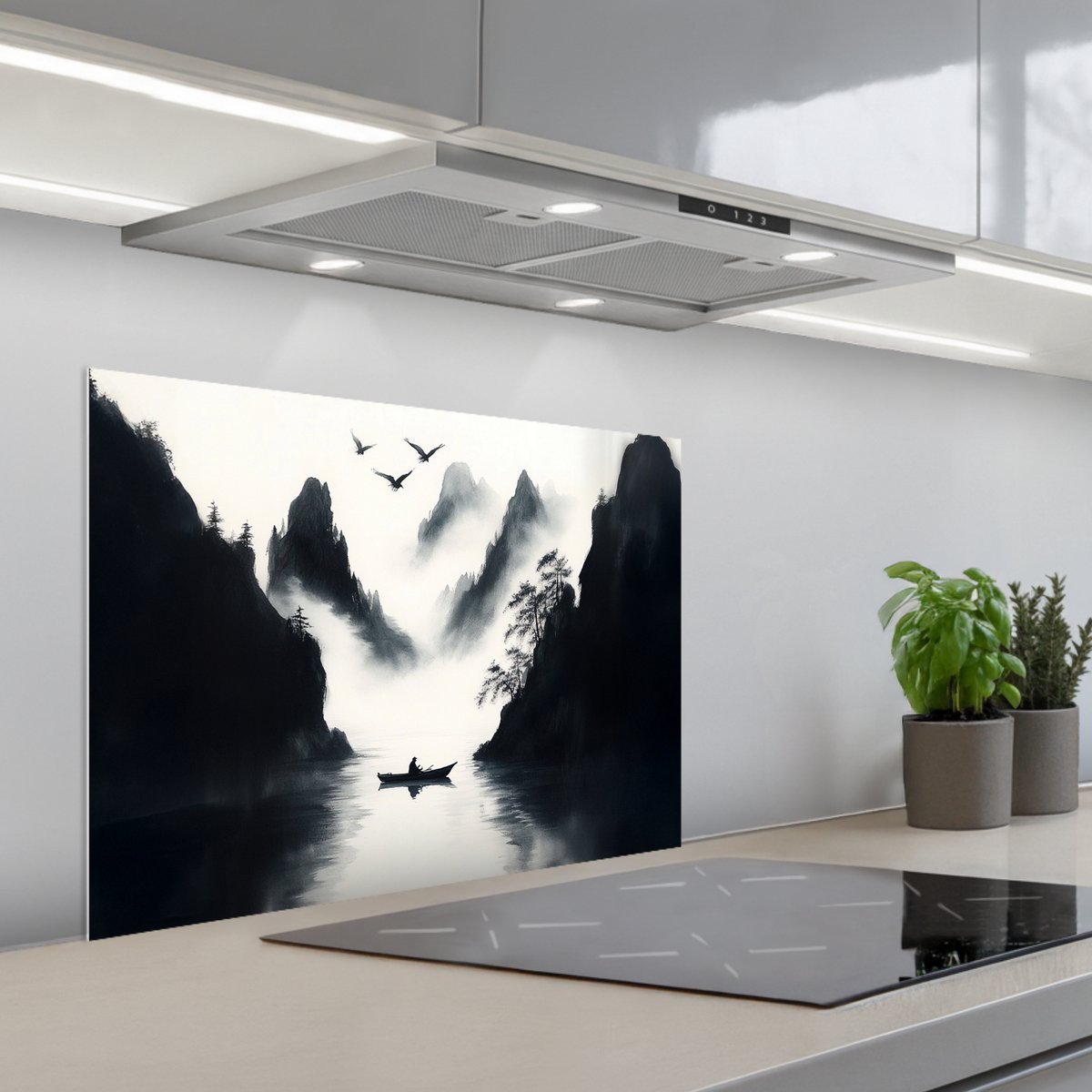 Spatscherm 70x55 cm - Zelfklevende achterwand Roeiboot - Mistig - Bergen - Vogels - Keuken muurbeschermer - Spatwand fornuis