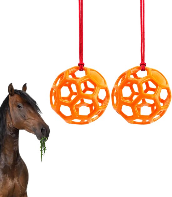 Bruine paardenkop naast twee oranje, honingraatvormige voederballen aan rode touwen.