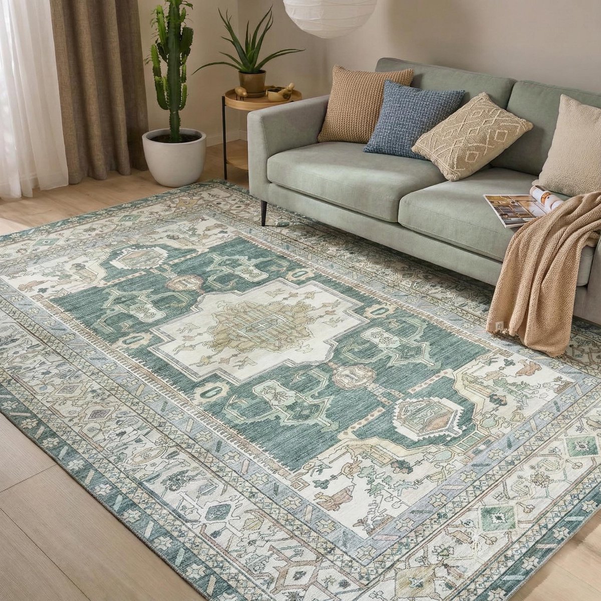 flycarpets Burano Vintage Oosters Vloerkleed - Groen / Beige - Laagpolig Tapijt - 160x230 cm