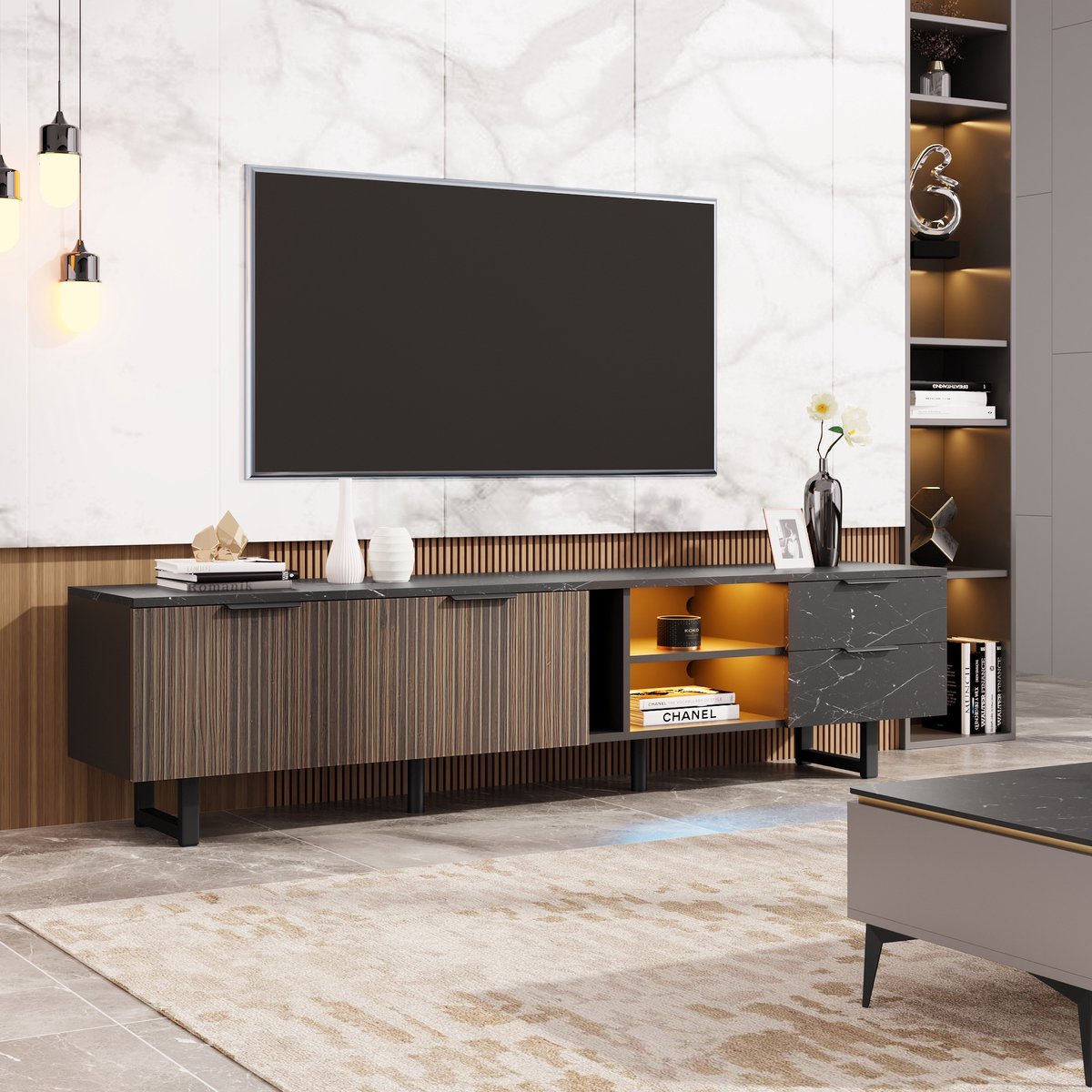 OKWISH TV-meubel – Serie 200 – 2 Deuren 2 Lades – Met Verstelbare LED-Verlichting – Marmerlook Zwart Met Donkere Houtnerf – MDF Zwart+Bruin – 200×38×50 cm