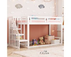 OKWISH Kinderstapelbed 90x200 cm - Huisstijl met Veiligheidsladder - Open Onderbed Als Speelruimte & Opbergrek - Massief Dennenhout - Wit - Zonder matras