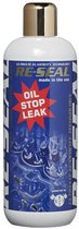 Witte fles met gouden dop en blauwe bedrukking. Tekst 'RE-SEAL OIL STOP LEAK'.