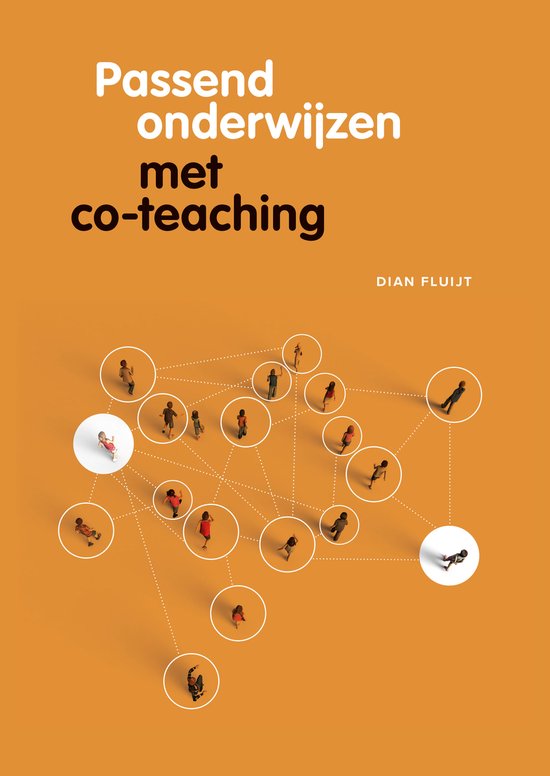 Boekomslag 'Passend onderwijzen met co-teaching' in oranje tinten. Centraal een illustratie van mensen verbonden in een netwerk.