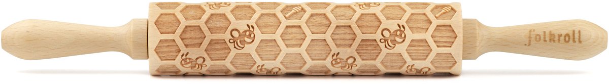 Folkroll deegroller met motief, honingraat, medium, 37 cm, deegroller, embossingroller, patroon, rol, beukenhout, 892974