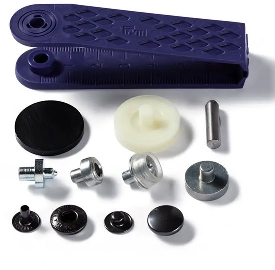 Boutons-pression Prym Anorak, 12mm, noir. Pièces détaillées avec pince violette.