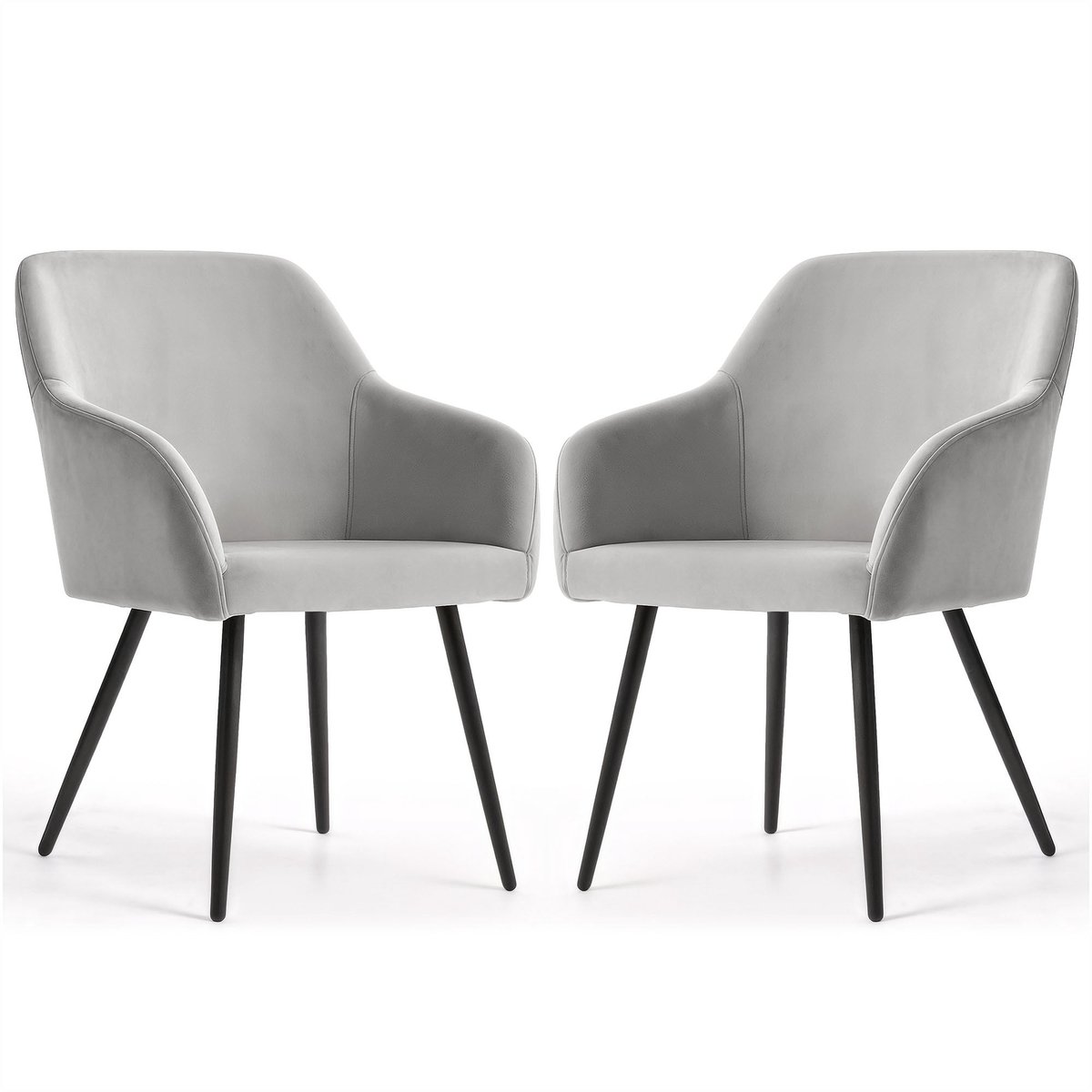 Set van 2 Eetkamerstoelen ESTELLE met Armleuningen / Gestoffeerde Stoelen / Fluwelen Stoelen en Metalen Poten / Grijs met zwarte benen