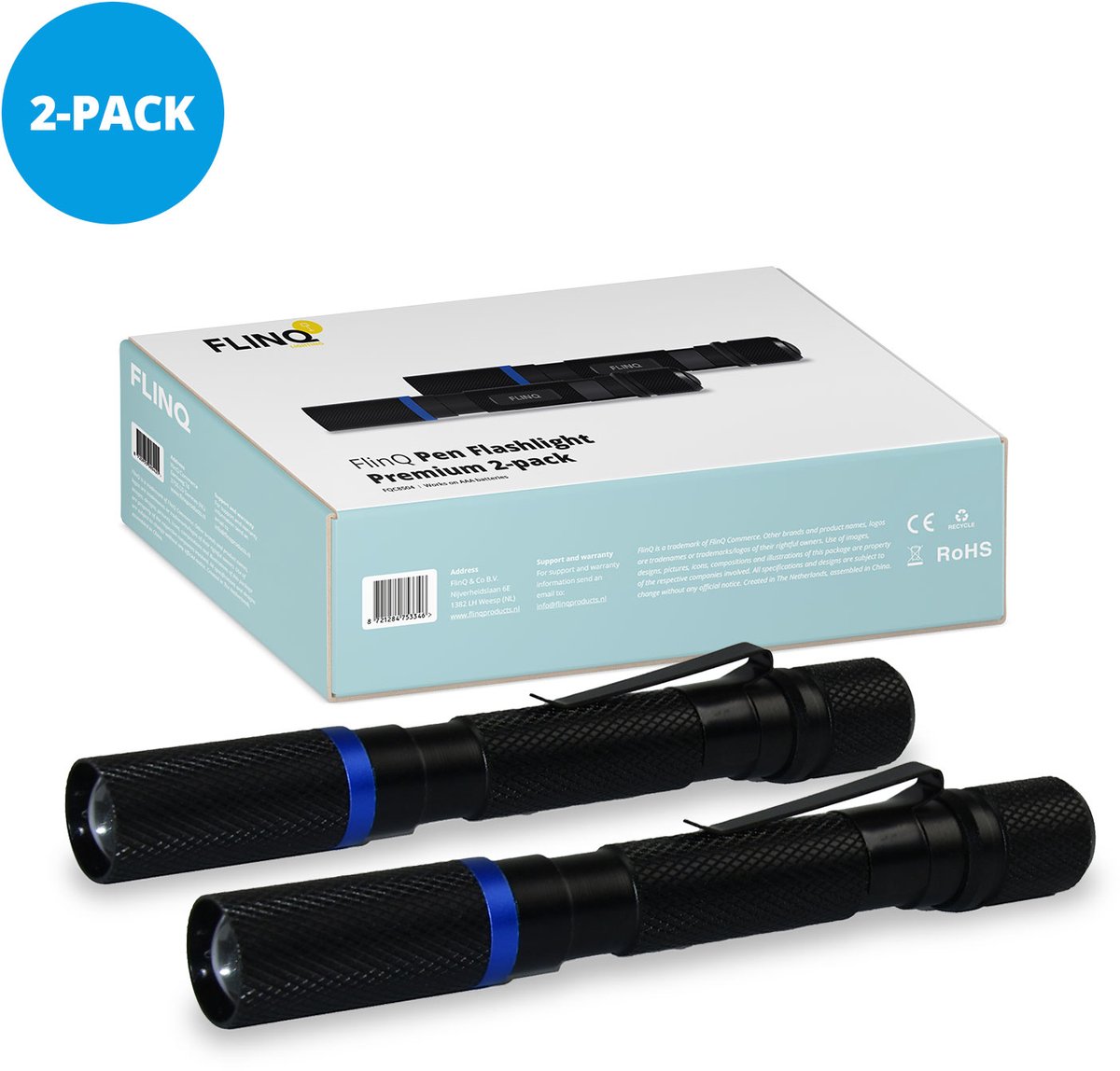 FlinQ Pen Zaklamp - 100 lumen LED lamp - Op Batterijen - Waterbestendige Flashlight - Militaire Zaklamp - Ideaal voor Noodpakket - Geschikt voor Kinderen - 100 meter Zicht - 2 Zaklampen
