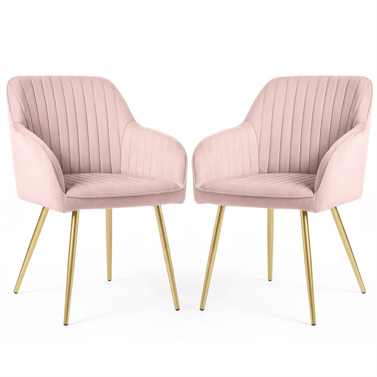 Set van 2 Eetkamerstoelen FLORENCE met Armleuningen / Gestoffeerde Stoelen / Fluwelen Stoelen en Metalen Poten / Poederroze met gouden benen