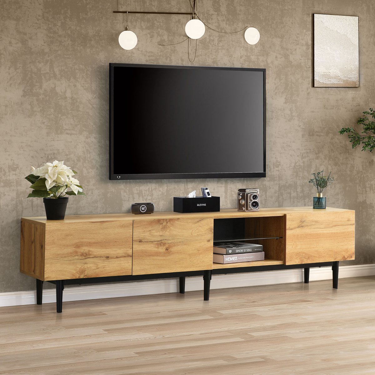 HAUSS SPOLE TV Meubel - TV-Kast Houtnerf Met Variabele LED 7 Kleuren En 50 Kg Draagkracht - 3 Kasten Softclose Voor Woonkamer - MDF - 175x31x41 cm - Licht Eiken