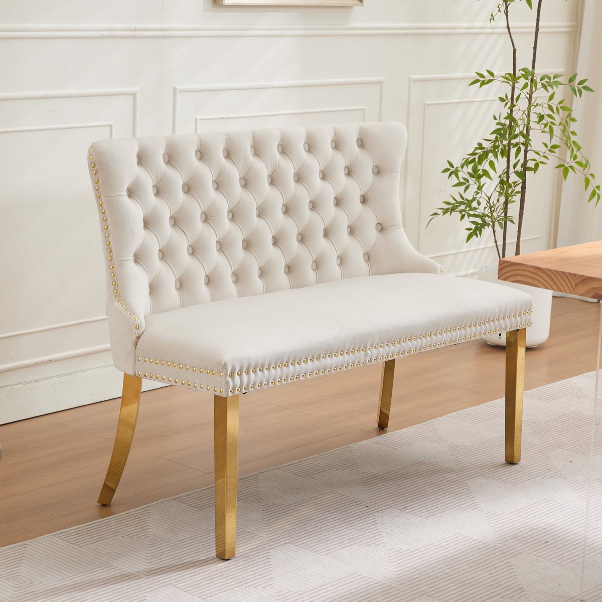 PHOEBE CAT Eetbank - Velvet - Tweezits eetkamerstoel - Hoge rugleuning - Metalen poten - Beige + Goud