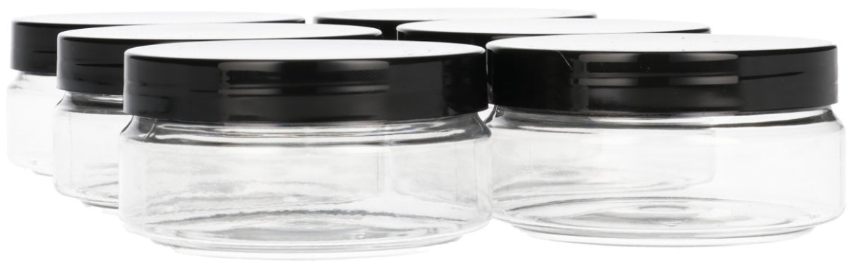 6 x Ronde Pot 100ml PET Kunststof - Transparant met Schroefdeksel Zwart- PET Kunststof BPA-vrij - Plastic Verzamel potten Navulbaar - Met Dop - Lege Potten - 6 stuks