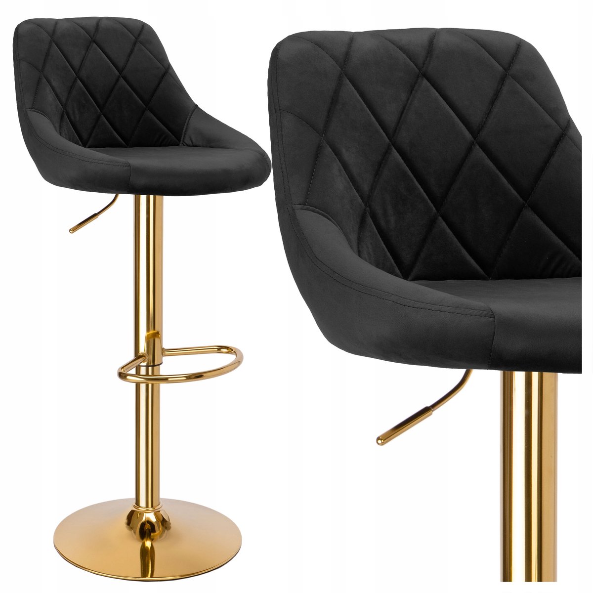 Zwart Fluweel Houten Barstoel met Gouden Frame - Verstelbaar & Draaibaar