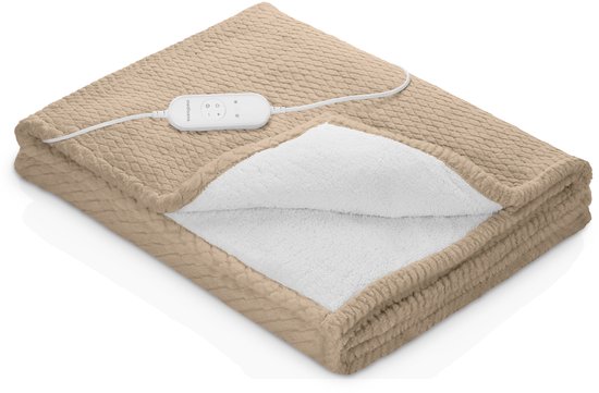 Opgevouwen beige elektrische deken met witte voering en bedieningspaneel.