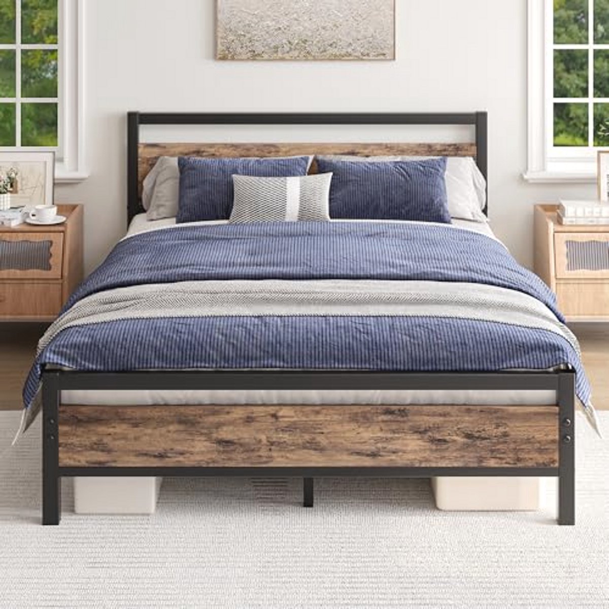 Metalen plateauframe met houten hoofdeinde en voetenplank - eenvoudig te monteren zonder boxspring (zwart, 160 x 200 cm)