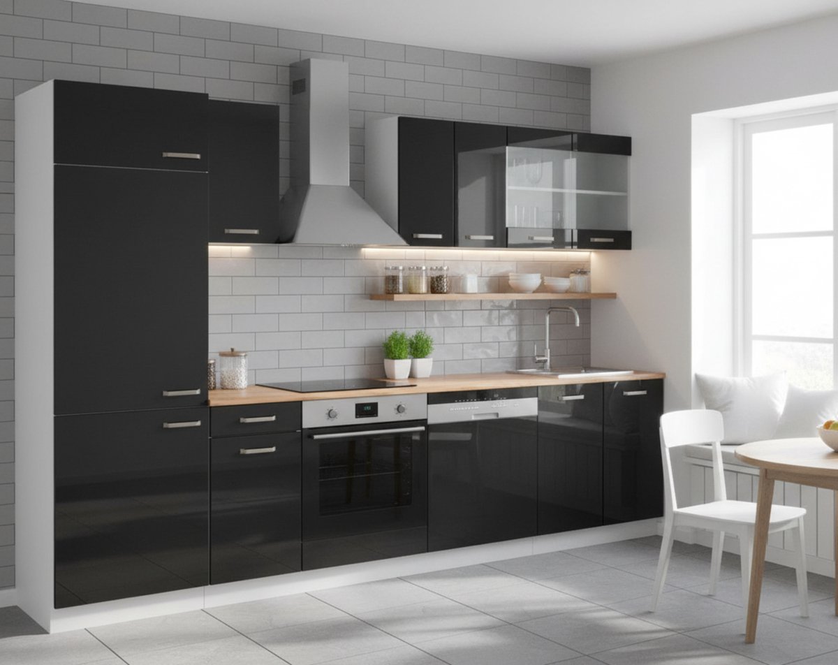 Kitchenette 300 cm met werkblad, modern zwart hoogglans/wit keukenblok R-Line, 206,8 x 300 x 60 cm, volledig samengestelde keukenunit – Novihome
