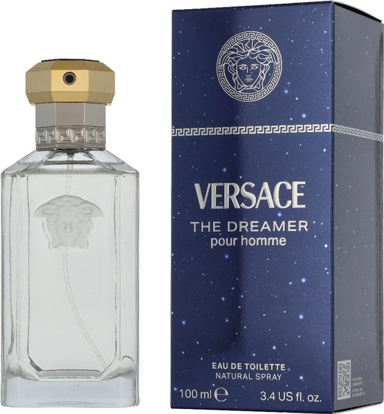 Versace The Dreamer pour homme Eau de Toilette met een gouden dop en een glazen fles met Medusa-reliëf.